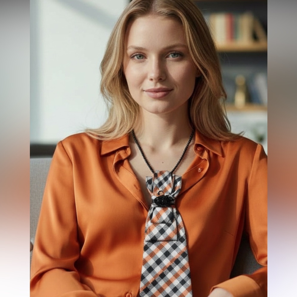 “Dainty Dapper”Plaid Orange and Black Necktie necklace with black swan pin